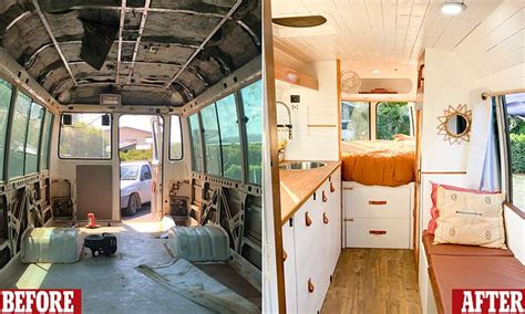 Young couple transform an old bus into a stylish motorhome | Daily Mail ...