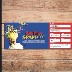 Printable SPAMALOT Broadway Surprise Ticket. Editable Musical Theatre Faux Event Admission ...