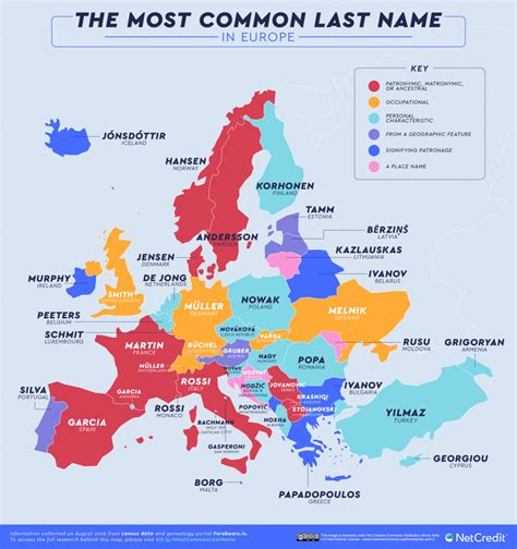 Cette carte du monde présente le nom de famille le plus porté dans chaque pays