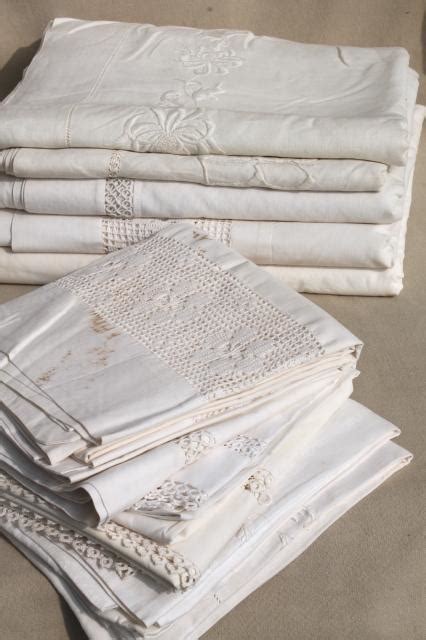 antique vintage white cotton sheets & pillowcases w/ crochet lace, white work embroidered bed ...