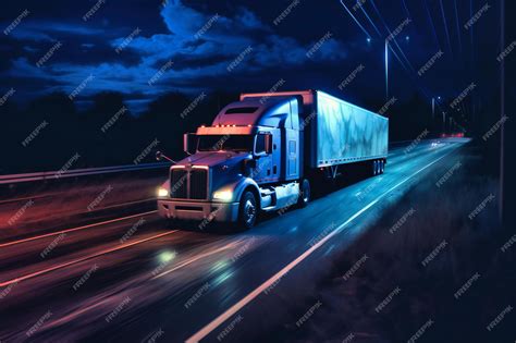 Premium AI Image | A semi truck driving on the roadway at night