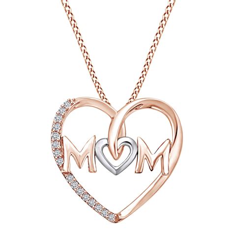 Mother's Day Jewelry Gifts White Natural Diamond Two Tone Mom Heart Pendant Necklace In 14k Rose ...