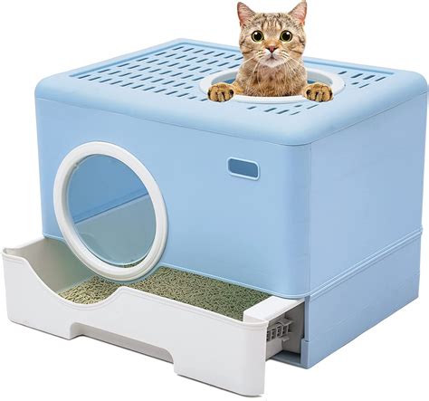 Dextrus Large Covered Plastic Kitty Litter Box with Lid & Scoop, Entry/Exit Door, Odorless, Easy ...