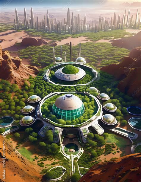 A futuristic space colony on a terraformed Mars, with domed cities and ...