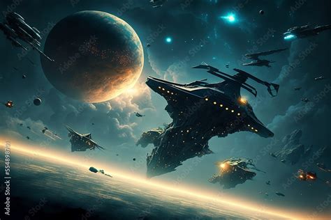 Large alien space battle featuring large spaceships and alien planets in the background ...