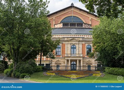 Close Up from the Famous Bayreuth Wagner Festival Theatre from the Front with Colorful Flowers ...