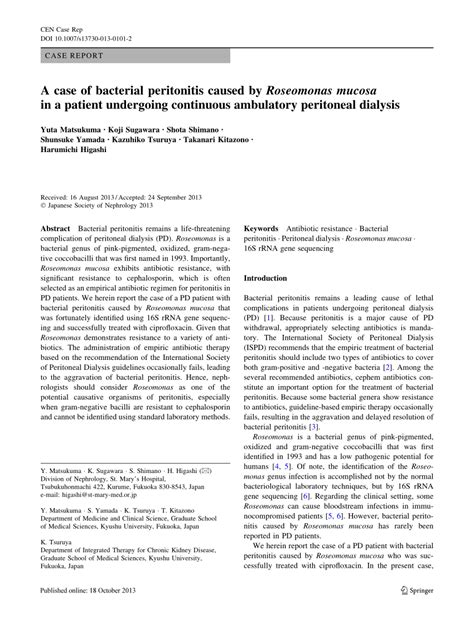 (PDF) A case of bacterial peritonitis caused by Roseomonas mucosa in a patient undergoing ...