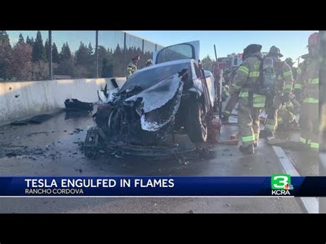 Tesla car battery 'spontaneously' bursts into flames on California highway, firefighters need ...