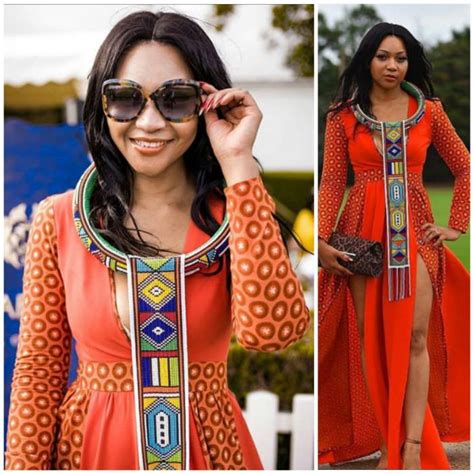 Beautiful Orange Shweshwe Print Dress With Ndebele Neckpiece ...