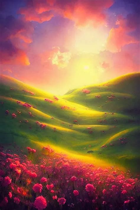 beautiful dreamy hilly verdant landscape at sunset by | Stable ...