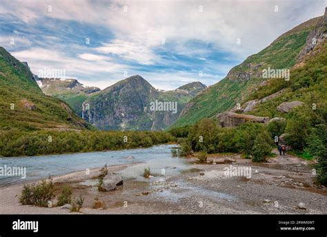 Briksdalen valley, in Jostedal Glacier National Park, Norway. The valley was formed by the ...