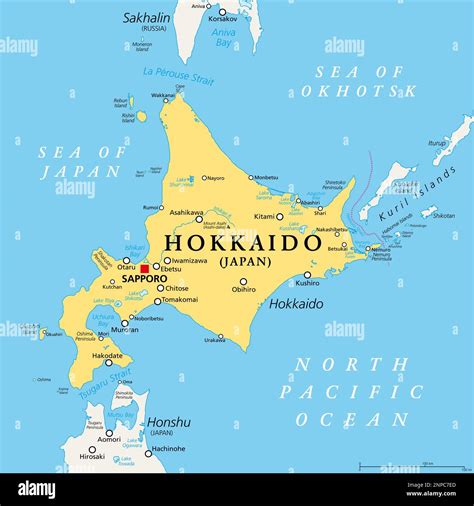 Hokkaido, second largest island of Japan, political map, with capital Sapporo. Comprises the ...