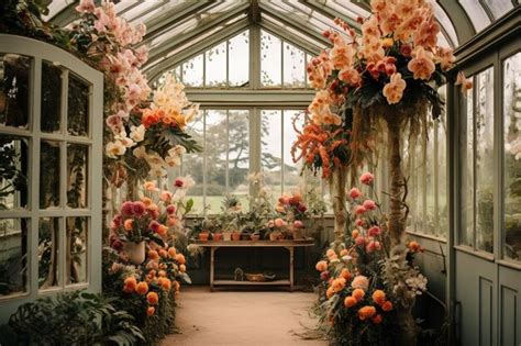 Premium AI Image | A Victorian greenhouse interior with rare exotic flowers in bloom