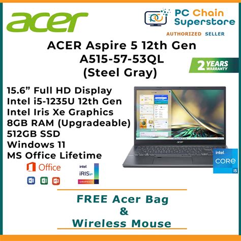 Acer Aspire 5 A515-57-53QL 12th Gen (Steel Gray) Laptop - 15.6" FHD | i5-1235U 10 Cores | 8GB ...