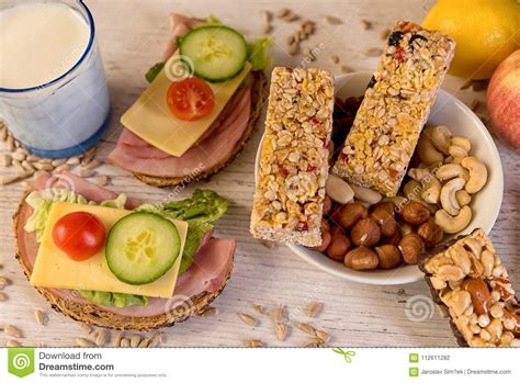 Healthy Breakfast Including Cereal Bars, Fruits and Vegetables Stock Photo - Image of muesli ...