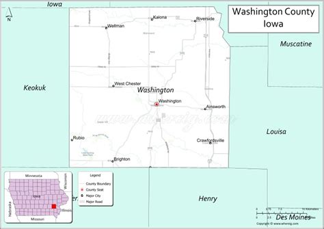 Map of Washington County, Iowa showing cities, highways & important ...