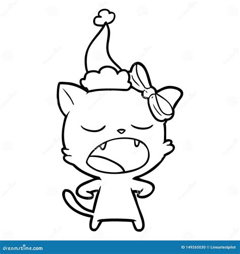 Line Drawing of a Yawning Cat Wearing Santa Hat Stock Vector - Illustration of character ...