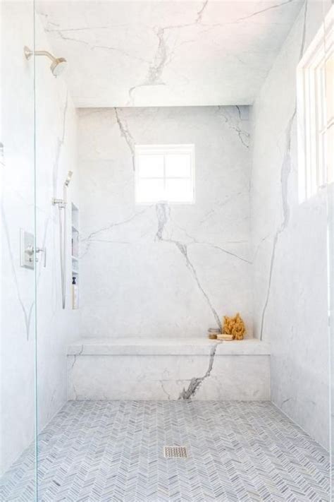 Fresh Shower Space With White Marble And Little Herringbone Clad Tiles | Master bathroom shower ...