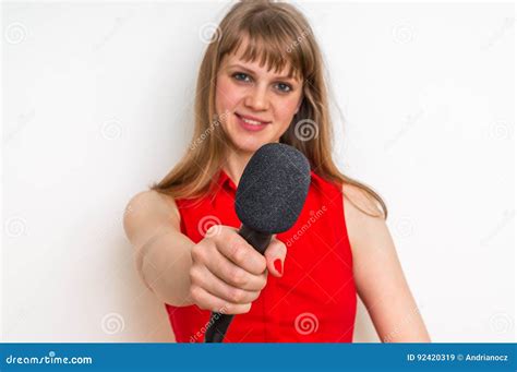 Female Reporter at Press Conference with Microphone Stock Image - Image of interview, people ...