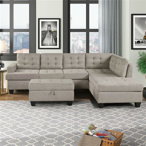 Modern 3-Piece Sectional Sofa with Chaise Lounge and Storage Ottoman, L ...