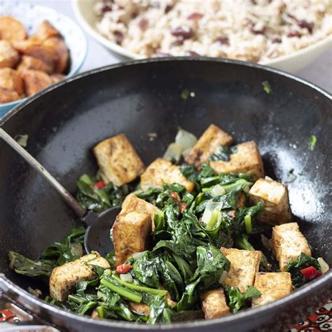 Jerk tofu, callaloo, sweet potatoes and rice and beans - vegetarian ...