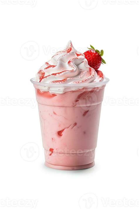 Strawberry milkshake in plastic takeaway cup isolated on white background with copy space ...