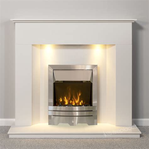 WHITE MARBLE MODERN SURROUND SILVER ELECTRIC FIRE FIREPLACE SUITE DOWNLIGHTS 2kW | eBay