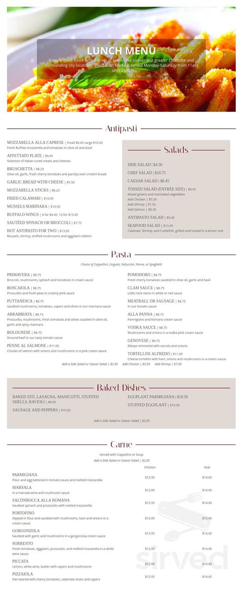 Portofino's Italian Restaurant Eastway menu in Charlotte, North Carolina, USA