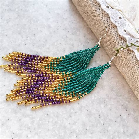 Mardi Gras Earrings Beaded Purple Green Gold Fringe Earrings | Etsy