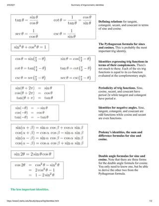 Summary of trigonometric identities1 | PDF