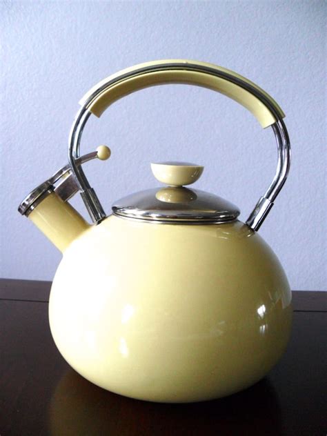 Mid Century Tea Kettle Retro Teapot Yellow Enamel Tea