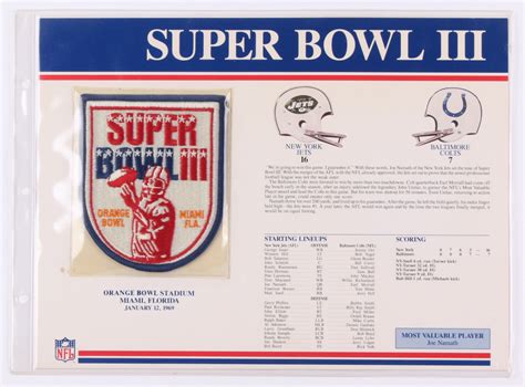 Commemorative 9x12 Super Bowl III Score Card with Patch | Pristine Auction