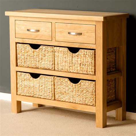 London Oak Console Table with Baskets | Oak console table, Oak consoles, Large console table