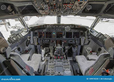 A View of the Cockpit of a Large Commercial Airplane a Cockpit . Cockpit View of a Aircraft ...