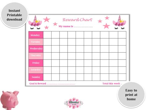 Reward Chart Unicorn PRINTABLE Children/kids Reward Chart Download Behaviour Chart Digital Pink ...