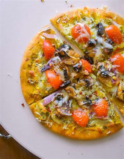 Pesto Mushroom Pizza with Caramelized Onions using Flatbread