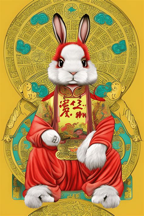 Retro Colors Vintage Chinese Zodiac Year of the Rabbit Fluffy Bunny Hyper Realistic Golden Jade ...