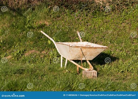 Old Vintage Wheelbarrow on a Green Grass in a Garden. Stock Photo ...