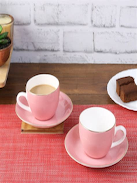 Buy HomeTown Pink & White Solid Ceramic Glossy Cups And Saucers Set Of ...