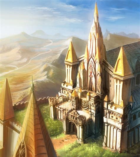 an artistic painting of a castle in the mountains