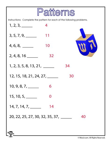 Number Patterns Worksheet Hanukkah - ANSWER KEY | Woo! Jr. Kids Activities : Children's Publishing