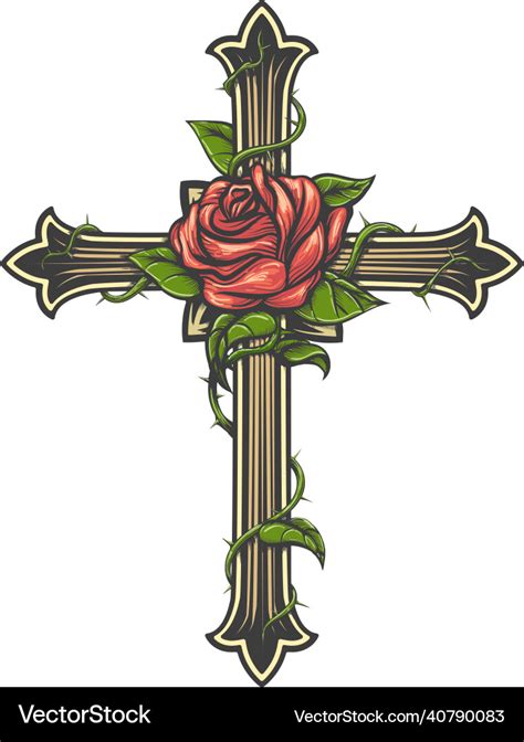 Rose on the cross engraving tattoo Royalty Free Vector Image