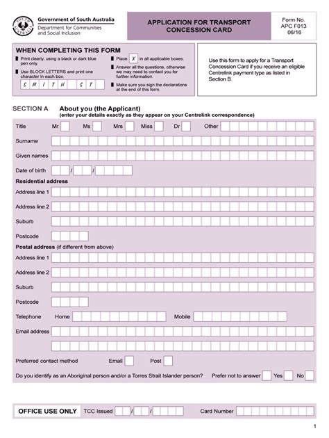 Fillable Online sa gov Application for Transport Concession Card ...