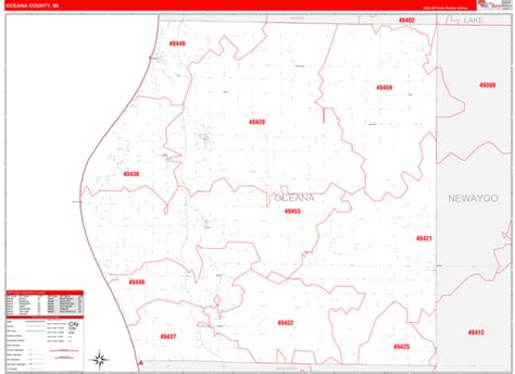 Oceana County, MI Zip Code Wall Map Red Line Style by MarketMAPS - MapSales