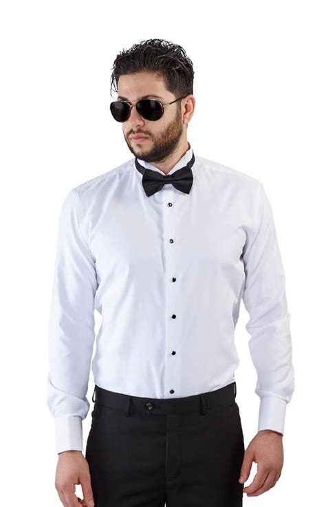 Slim Fit White Wing Tip French Cuff Tuxedo Shirt - ÃZARMAN