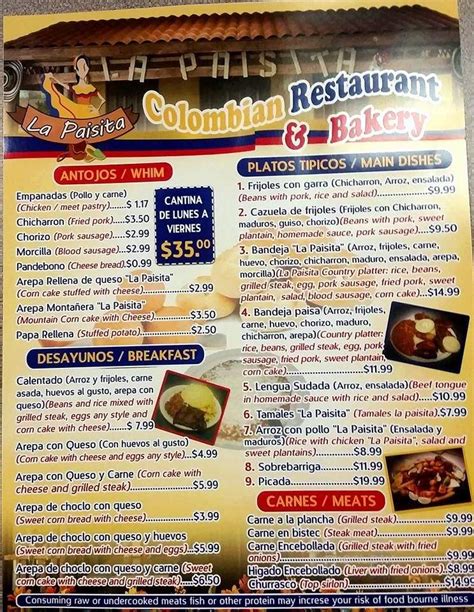 Menu of La Paisita Colombian Restaurant and Bakery in Port St. Lucie, FL 34986