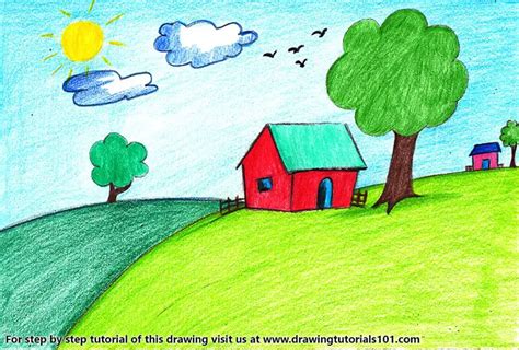 House Scenery for Kids Colored Pencils - Drawing House Scenery for Kids with Color Pencils ...