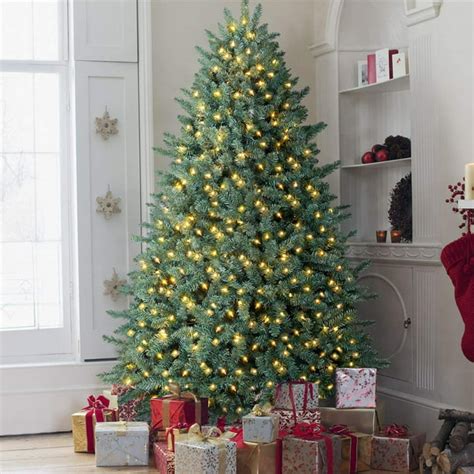 OasisCraft 9 Foot Pre-lit Christmas Tree, Full Premium Hinged Blue Spruce Artificial Christmas ...