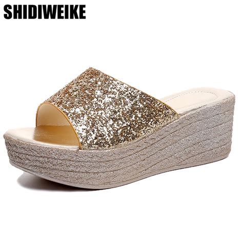 Summer Wedges Slippers Platform High Heels Women Slipper Ladies Outside Shoes Basic Bling Bling ...