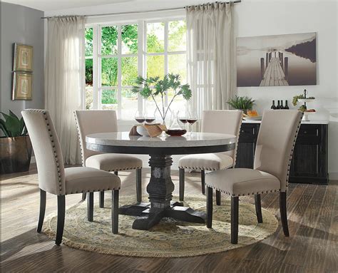 GISELA 5 pieces Modern Dining Room Set - Round White Marble Table & Beige Chairs - Dining Sets